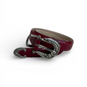 Red Croc-Embossed Belt with Silver Buckle